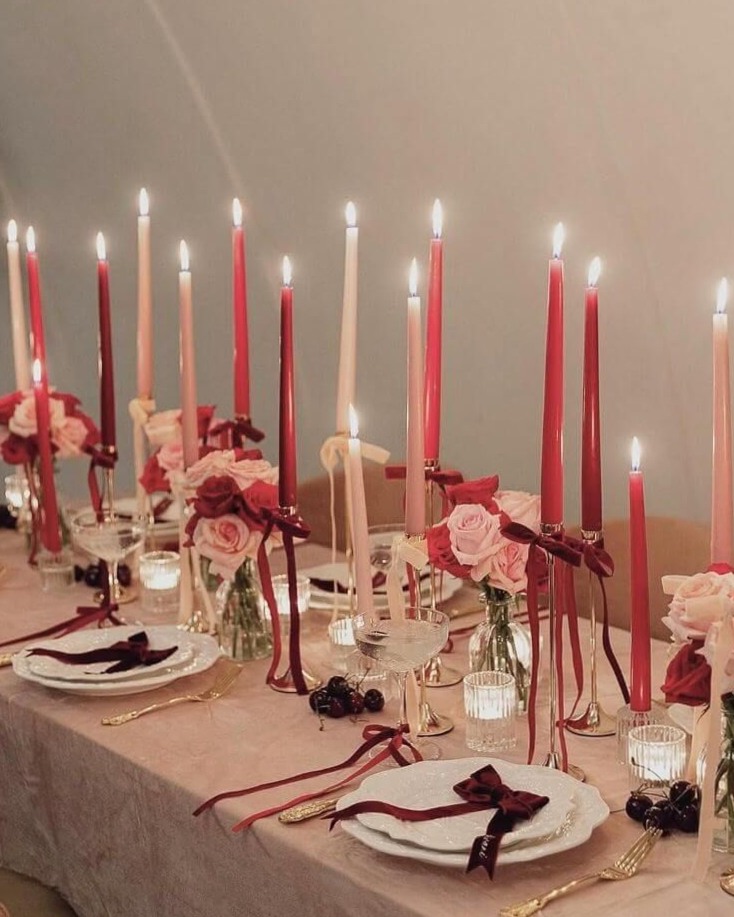 Fairy-Tale Table Setup With Velvet Drapes, Twinkling Holders, Blooms, Crystal Va 943