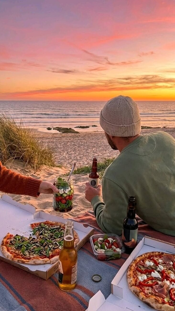 love language visuals: Dusk-Kissed Cravings: Pizza Picnics by the Tide ☀️ 🧠 615