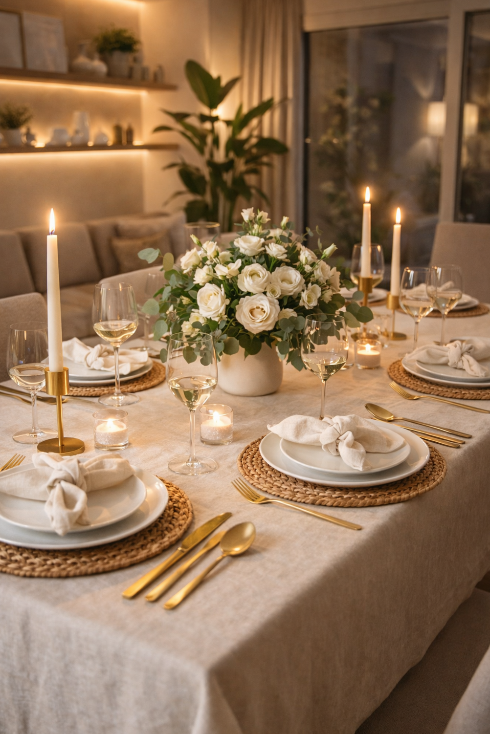 romanticizing connections ✧ Elegant Table Setup with Candles, Rattan Underplate, 938
